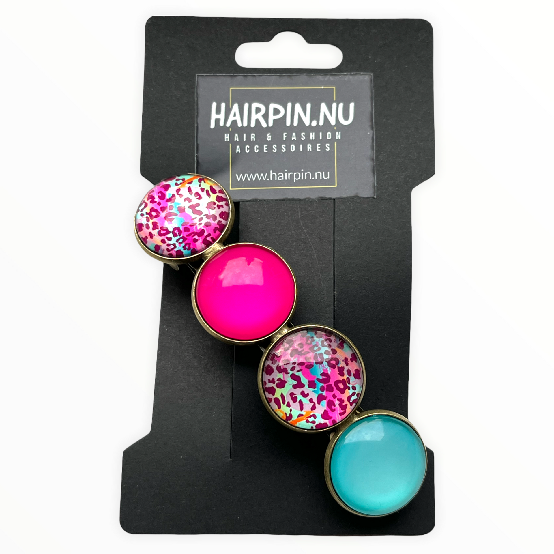 Color Hairclip XL glas cabochon haarspeld roze turquoise print 0122 - HAIRPIN.NU