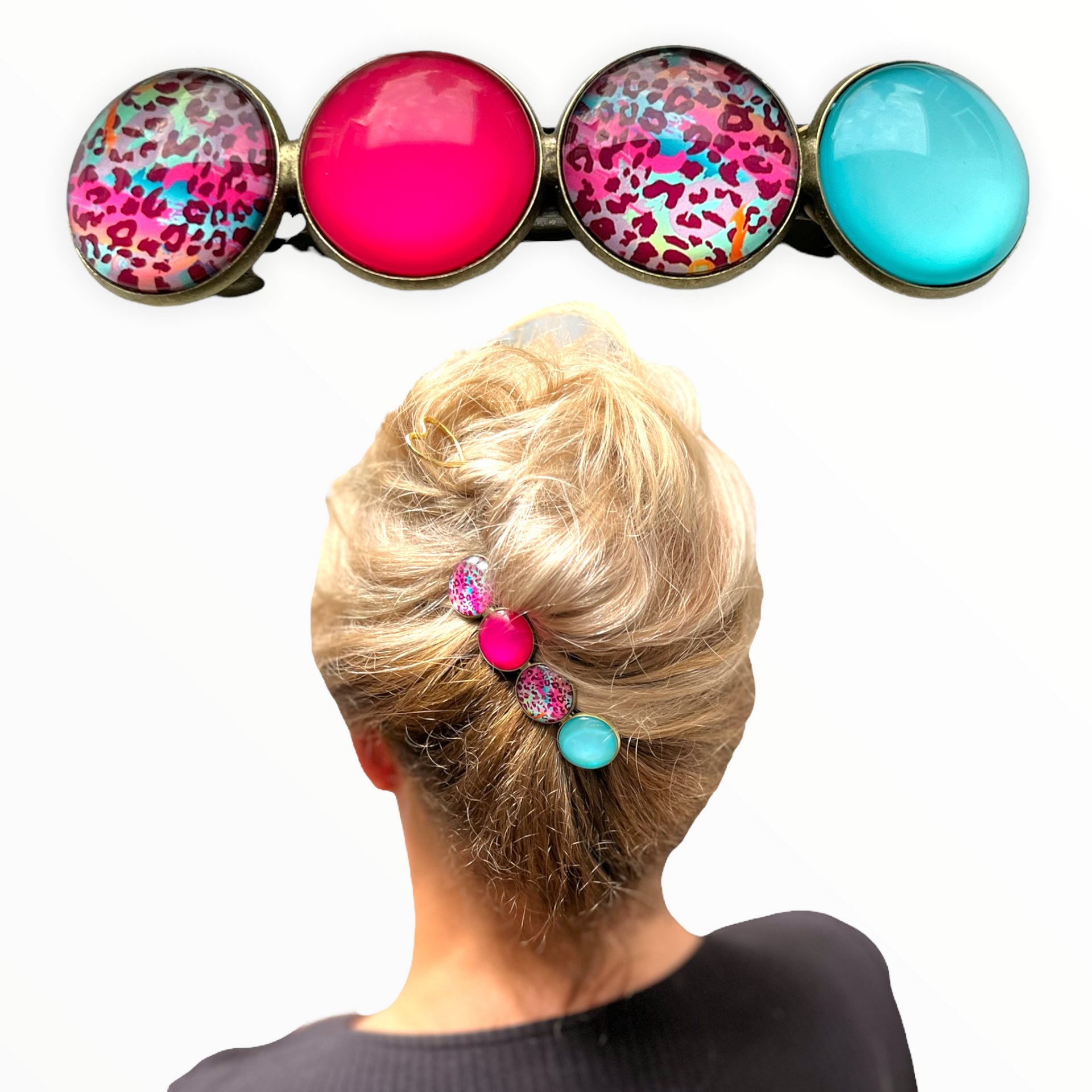 Color Hairclip XL glas cabochon haarspeld roze turquoise print 0122 - HAIRPIN.NU