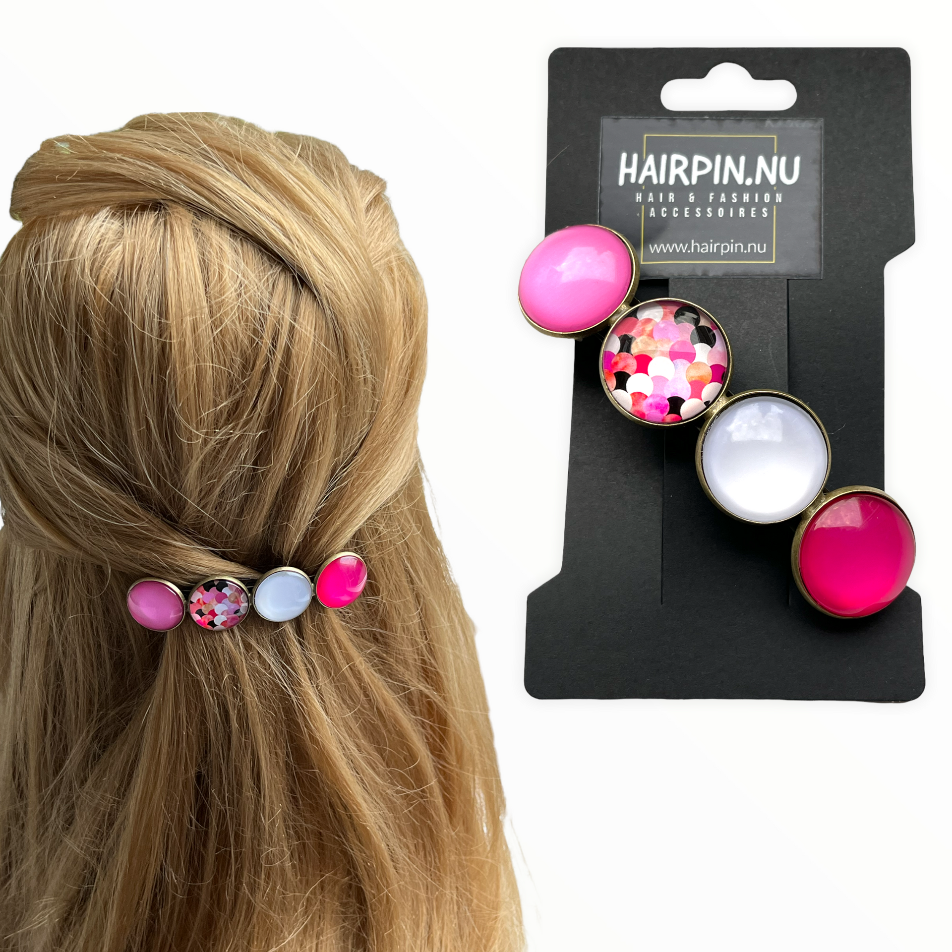 Color Hairclip XL glas cabochon haarspeld roze wit print 0124 - HAIRPIN.NU