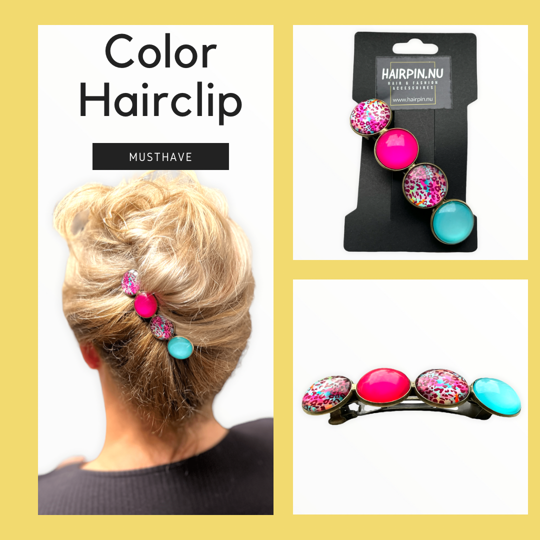 Color Hairclip XL glas cabochon haarspeld roze turquoise print 0122 - HAIRPIN.NU