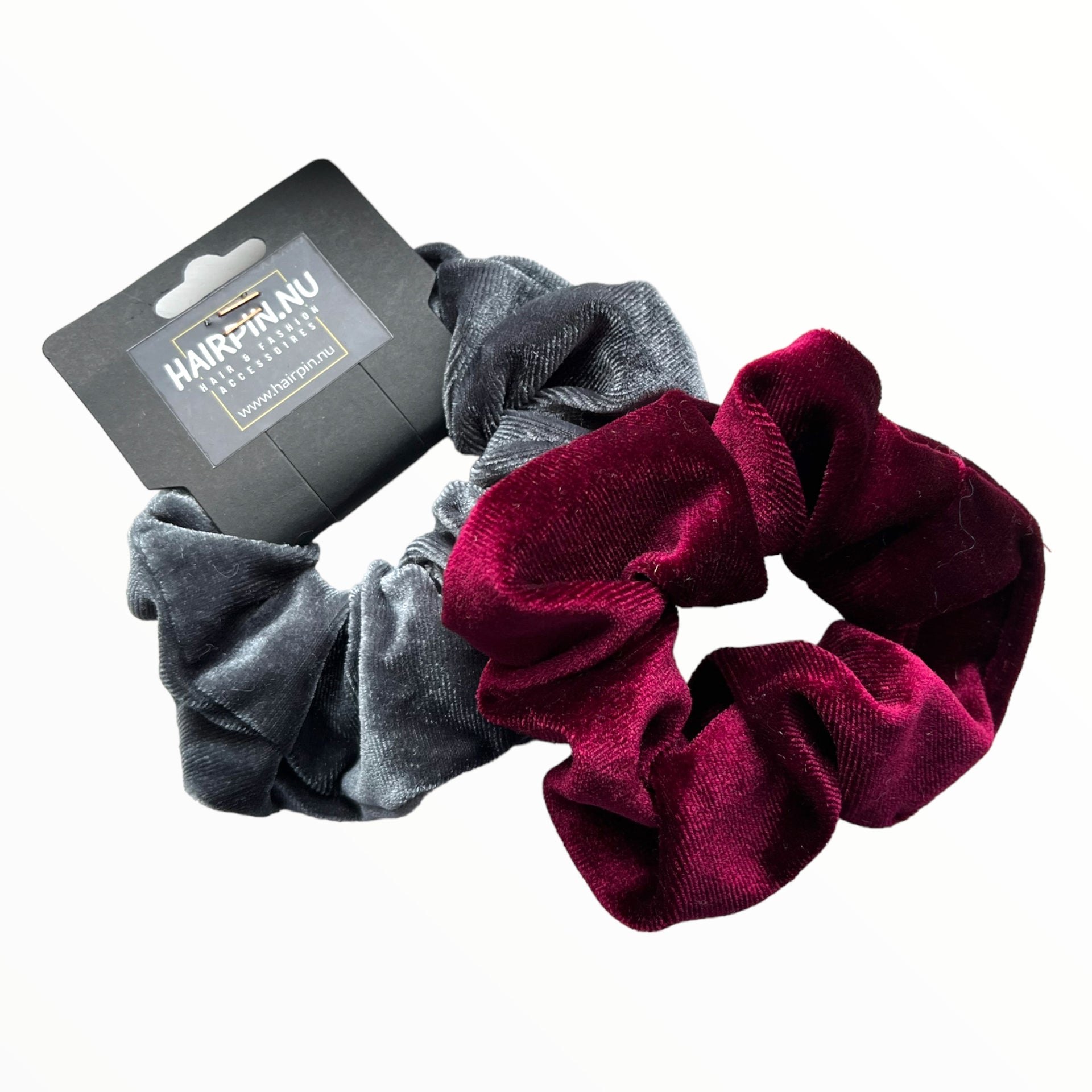 Set 2 scrunchies haarelastieken velvet grijs-rood - HAIRPIN.NU