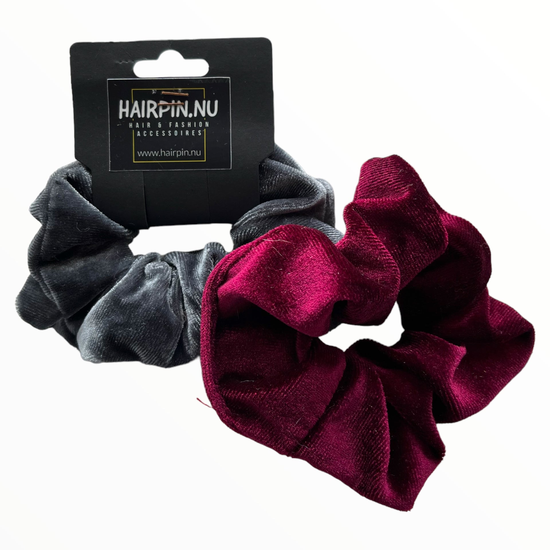 Set 2 scrunchies haarelastieken velvet grijs-rood - HAIRPIN.NU