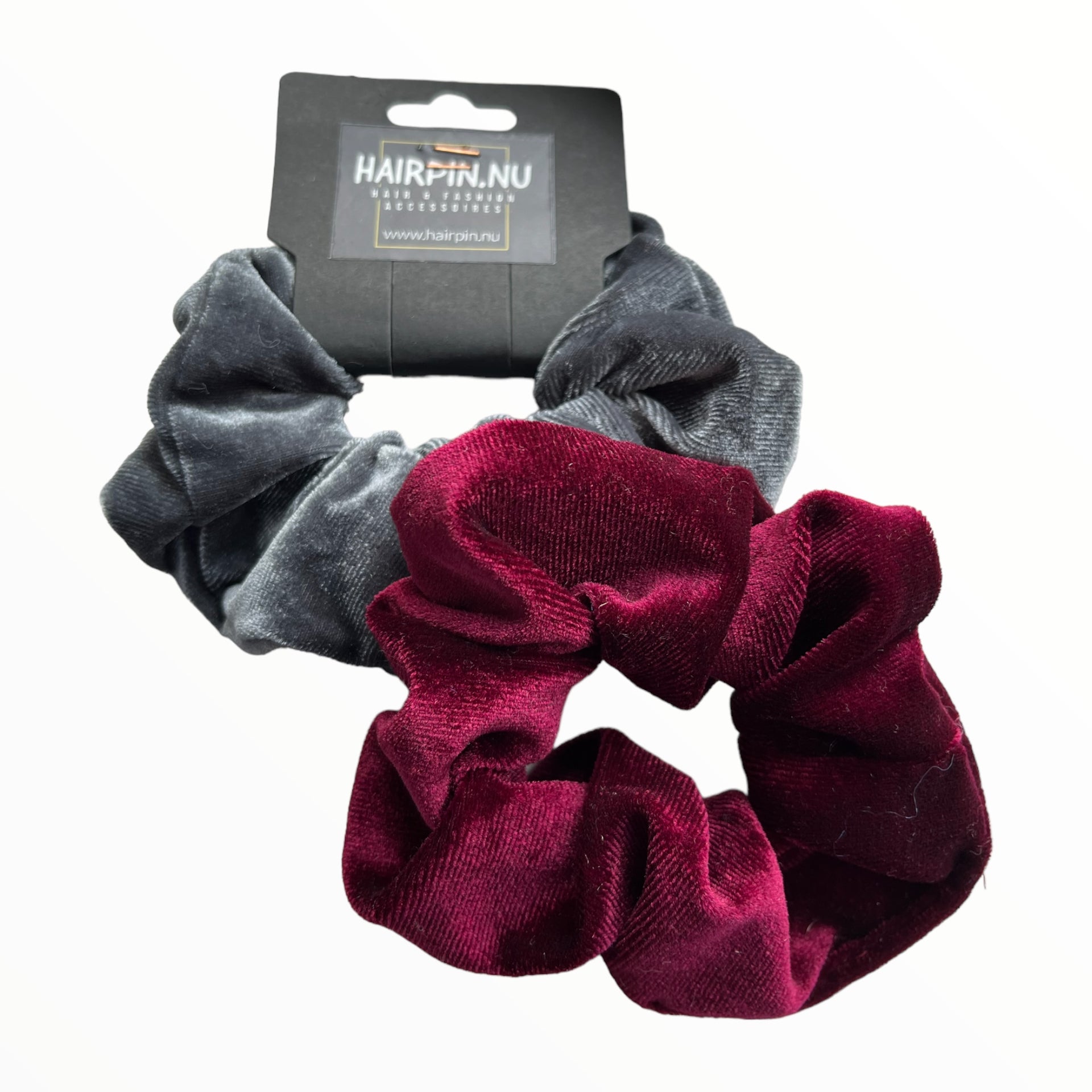 Set 2 scrunchies haarelastieken velvet grijs-rood - HAIRPIN.NU