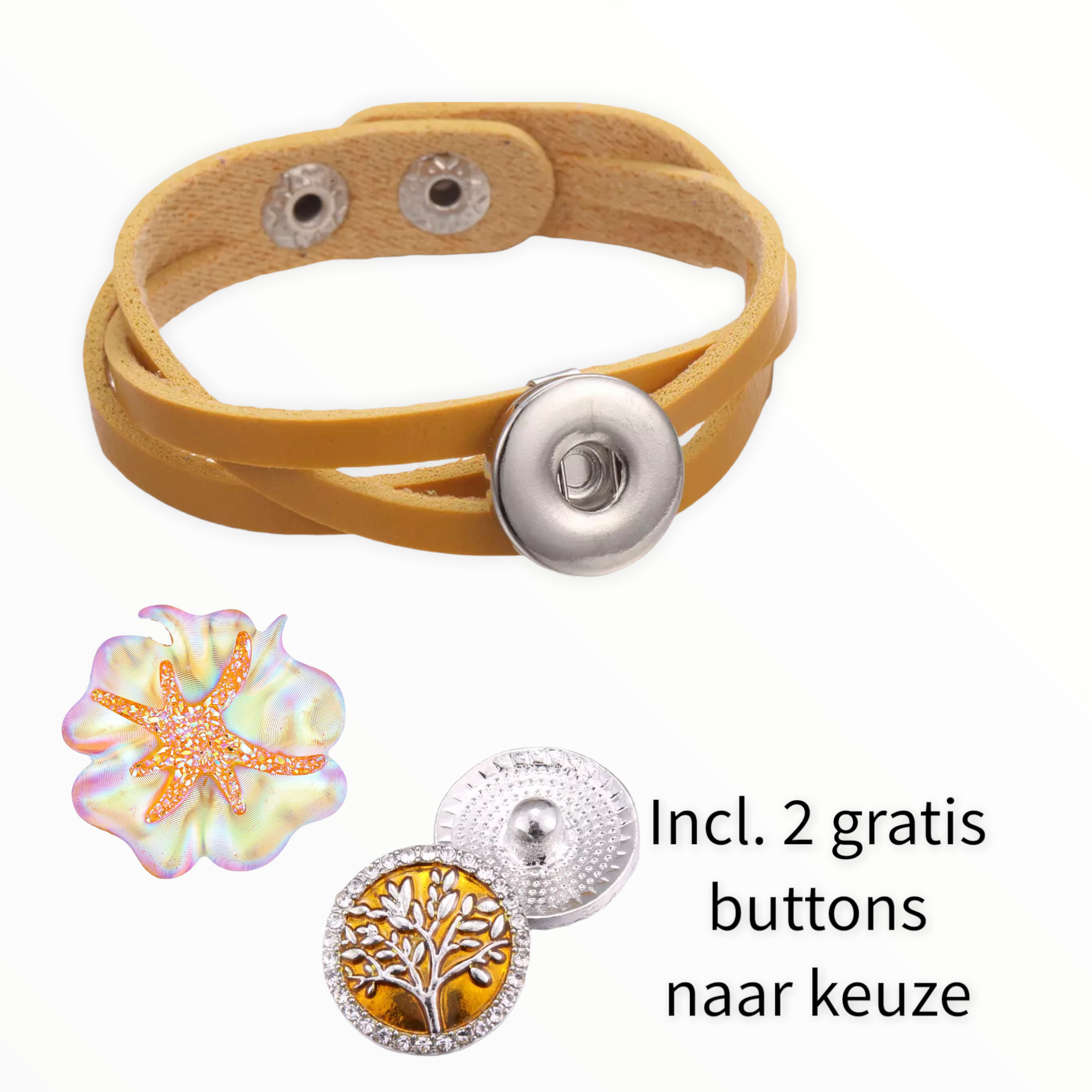 Armband geel clicks /buttons incl. 2 gratis buttons naar keuze - HAIRPIN.NU