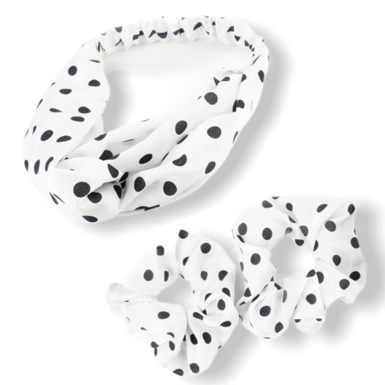 Set wit met zwarte dots haarband / bandana met 2 scrunchies - HAIRPIN.NU