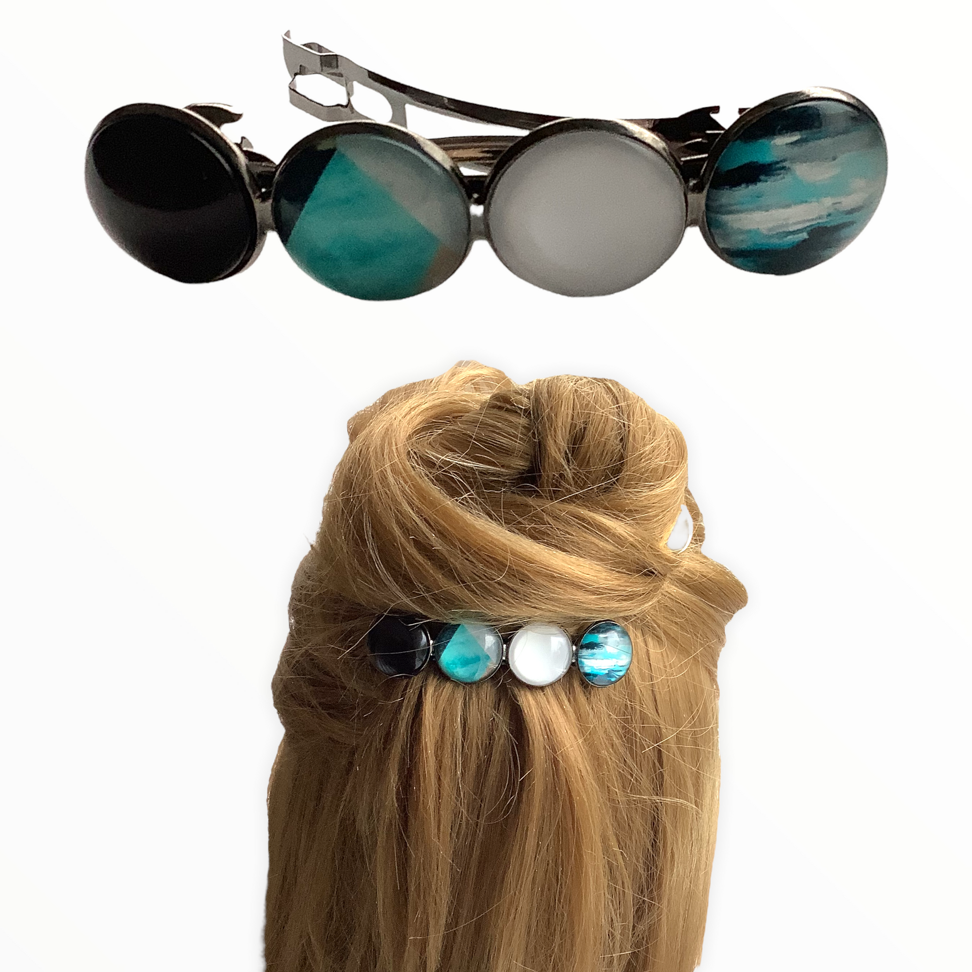 Color Hairclip XL glas cabochon haarspeld zwart,wit,turquoise 0106